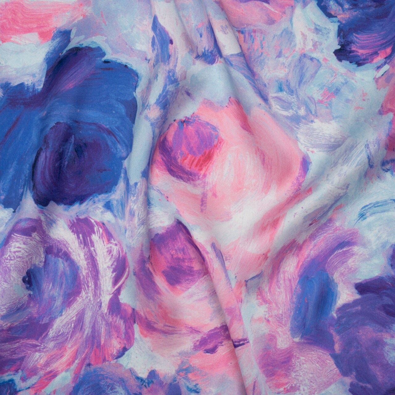 1 Yard Baby Pink Light Blue Periwinkle Painted Roses Silk Charmeuse 53 inch